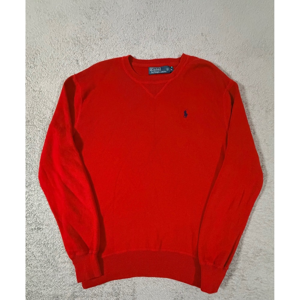 Polo Ralph Lauren Mens Red Crewneck Knit Sweater Navy Pony Logo Size Medium